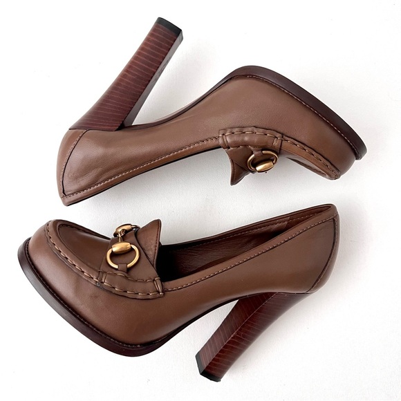 GUCCI | Vintage Alyssa Brown Leather Horsebit Pumps Block Heel Loafers 37.5 - Picture 12 of 16